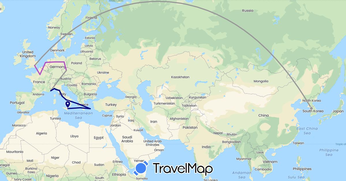 TravelMap itinerary: driving, plane, train in Czech Republic, Germany, France, United Kingdom, Greece, Italy, South Korea, Netherlands (Asia, Europe)